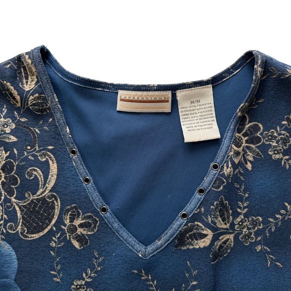 Vintage Y2K 90s Expressions MEDIUM Blue Floral Lettuce Hem V-Neck Midi Dress - Picture 8 of 11